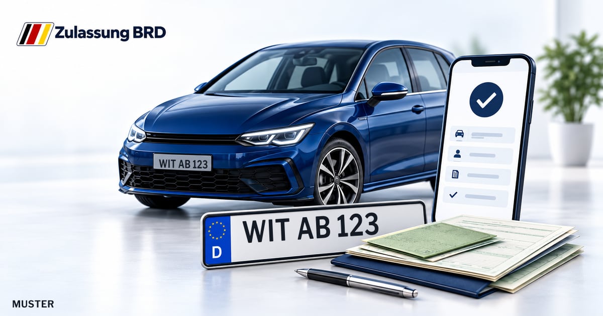 Online Fahrzeugzulassung in Witten-Herbede: Musterkennzeichen WIT AB 123, Auto und Fahrzeugpapiere und Smartphone. Illustration mit Logo von Zulassung BRD.